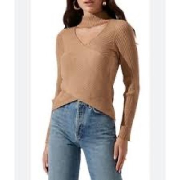 ASTR the Label Anthropologie Mock Neck Cutout Tan Ribbed Knit Top Sweater Small - Picture 1 of 10